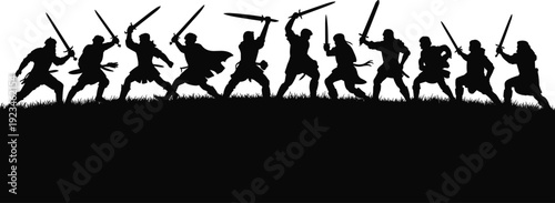 Black Silhouette of Medieval Warriors and Knights with Swords Standing on Grass Field for Historical Battle Fantasy and Epic Adventure.
