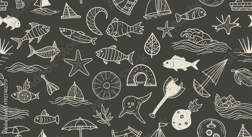 Hand drawn doodle style seamless pattern with various marine life and summer objects.