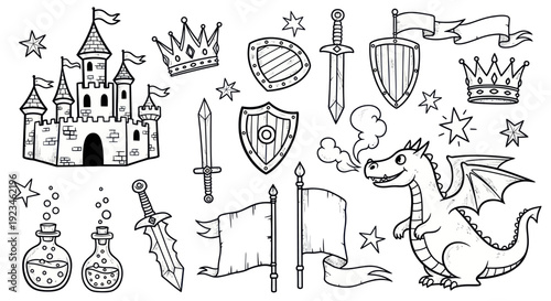 Hand drawn medieval fantasy elements set with castle dragon and swords.