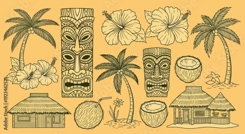 Hand Drawn Tropical Hawaiian Elements Set.