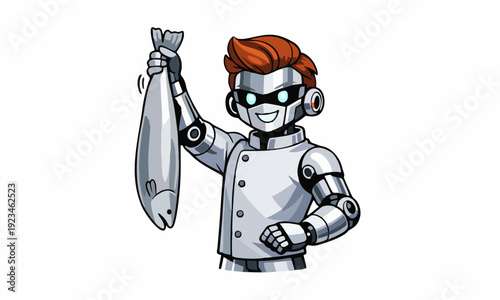 Robot fisherman with catch cartoon illustration