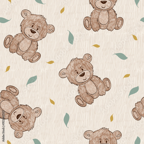 Cute hand draw seamless pattern with cartoon bear. Kids textile, baby fabric.