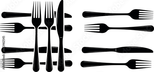 Black cutlery silhouette set featuring forks and knives isolated on white background, minimal tableware icons for restaurant, kitchen design, dining concept illustration