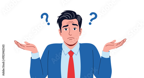 Confused man in a blue suit and red tie shrugs his shoulders with both hands open while question marks float around his head in a simple drawing.