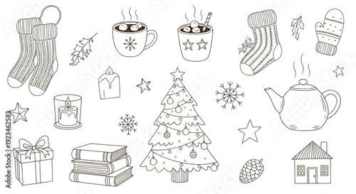 Hand-drawn Christmas and winter holiday elements collection.