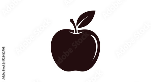 Minimalist solid black silhouette of a fresh apple with a single leaf on its stem, designed as a clean icon for food, health, or education projects.