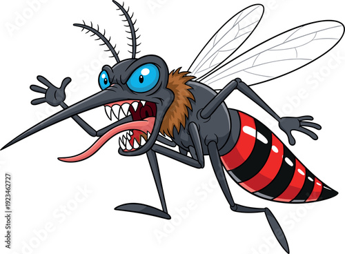Angry cartoon mosquito illustration showing aggressive flying insect isolated on white background, dangerous pest character symbolizing tropical disease, virus transmission, and health risk