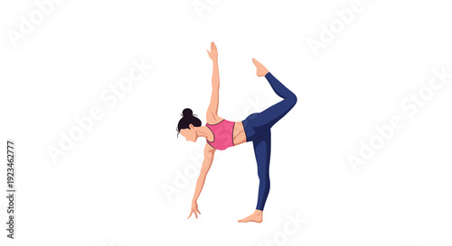 Fit woman performs a difficult yoga pose balancing on one hand and one foot while stretching her body in a pink top and dark blue leggings.