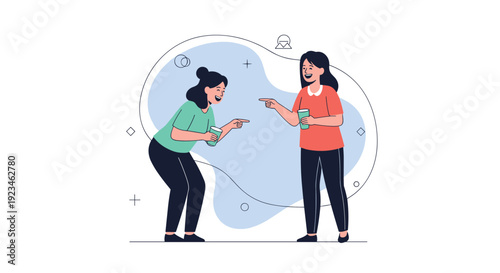 Two happy women stand together and point at each other while laughing and holding green cups during a fun social gathering or casual conversation.