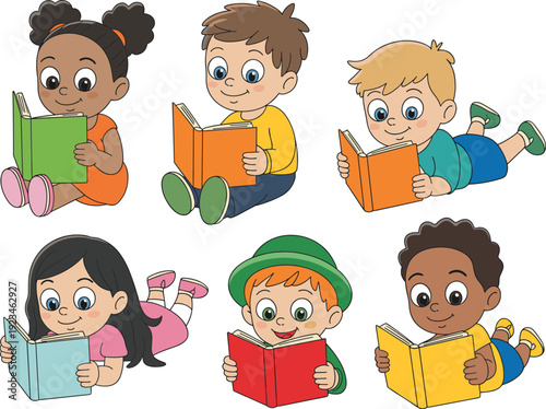 Cute Cartoon Illustration of Diverse Children Reading Colorful Books for Primary Education Literacy Library Programs and Childhood Learning Development Graphics.