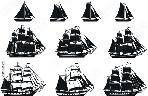 Collection of black silhouette sailing ships and sailboats, vintage maritime vessel set, nautical transport icons, classic tall ships illustration isolated on white background
