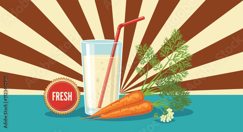 Healthy glass of orange carrot juice with a red straw stands next to two fresh whole carrots with green leaves on a retro sunburst background.