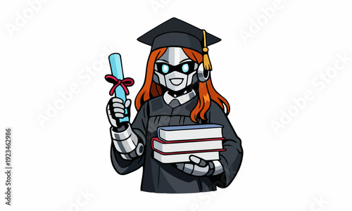 Graduate robot with diploma and books cartoon illustration