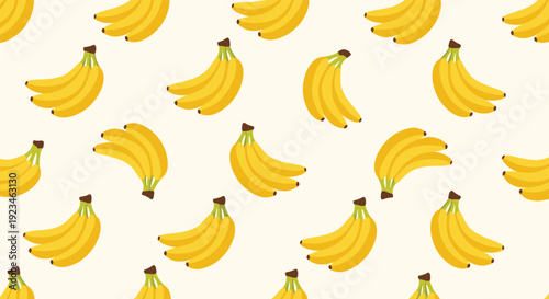 Cheerful seamless pattern consisting of many bunches of ripe yellow bananas arranged in various orientations on a light cream-colored background.