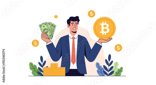 Happy businessman in a navy suit balances a stack of green dollar bills in one hand and a large gold bitcoin coin in the other for financial choice.