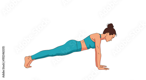 Dedicated woman in a teal workout outfit maintains a steady plank position to build core strength during her daily home fitness or yoga routine.