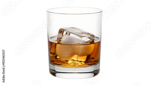 Whiskey Neat with Ice Cube in Glass on Black Close Up