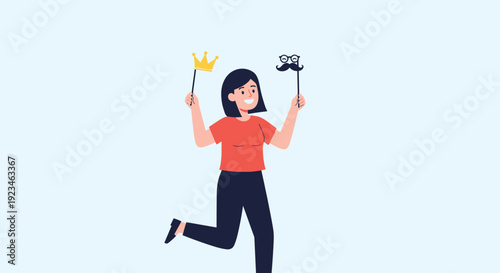 Energetic girl jumps for joy while holding fun photo booth props like a golden crown and a black mustache on sticks during a festive celebration.