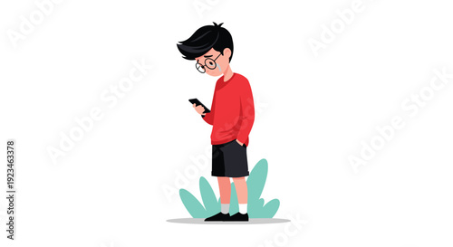 Sad boy wearing glasses and a red sweater looks down at his smartphone while standing alone, representing digital loneliness or bad news received.