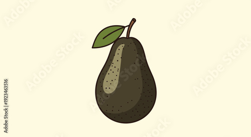 Simple illustration of a whole ripe avocado with a textured dark green skin and a single leaf attached to its stem on a plain light background.