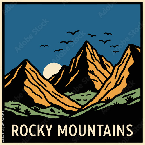 Majestic Rocky Mountains Landscape at Sunset with Birds Flying.