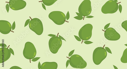 Vibrant seamless pattern of fresh green mangoes with leaves scattered across a light green background, ideal for tropical food themed decorations.