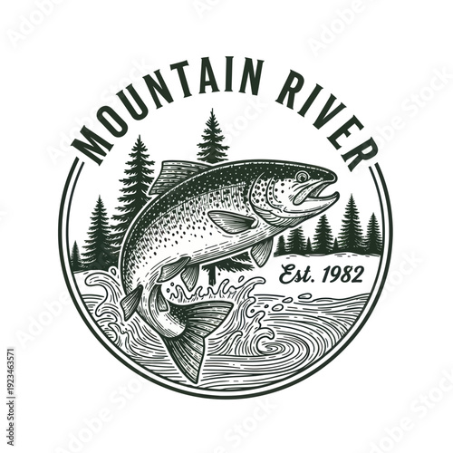 Jumping Trout Fish in Mountain River Est 1982.