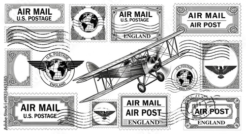 Vintage Air Mail Stamps and Airplane Depicting International Postal Service.