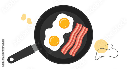Delicious breakfast of two sunny-side-up fried eggs and two strips of crispy bacon cooking together in a black frying pan for a morning meal.