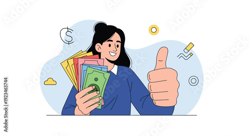 Young woman showing a thumbs up gesture while holding a large amount of colorful banknotes representing wealth.