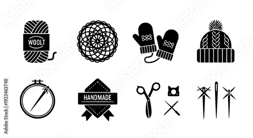 DIY yarn stitch minimal flat line icon set