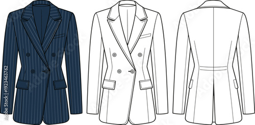 Double breasted pinstripe blazer vector illustration, front and back view formal women tailored navy blue business jacket design