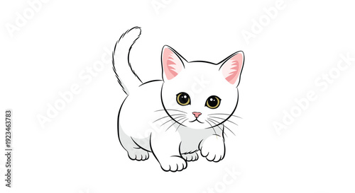 Adorable white kitten with large expressive eyes and pink ears walking forward on a plain white background.