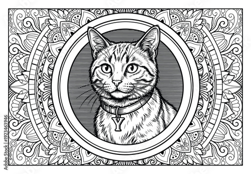 mandala design for coloring page, animal head, sticker print, cnc carving, cat head.