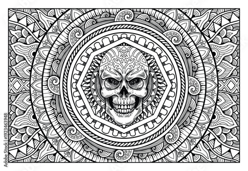 mandala design for coloring page, skull illustration, sticker print, cnc carving.