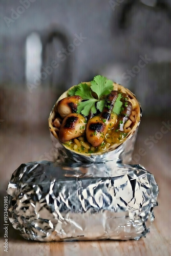 Gourmet grilled chicken and vegetable burrito wrap with fresh cilantro on slate plate in modern kitchen