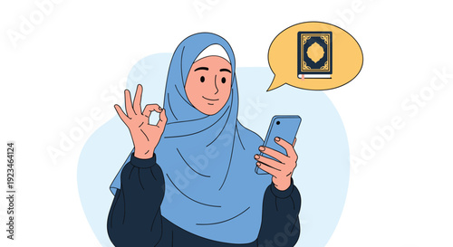 Muslim woman wearing a blue hijab looking at her smartphone with an icon of the Quran on the screen.