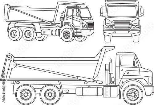 Heavy Duty Dump Truck Technical Drawing Set with Side Front and Perspective View Vector Line Art Illustration for Construction Industry Logistics and Transport Engineering Mockup