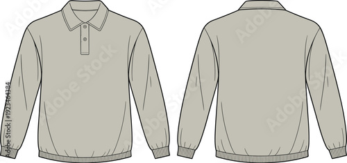 Long sleeve polo sweatshirt technical flat sketch, front and back view casual collar pullover vector fashion illustration design