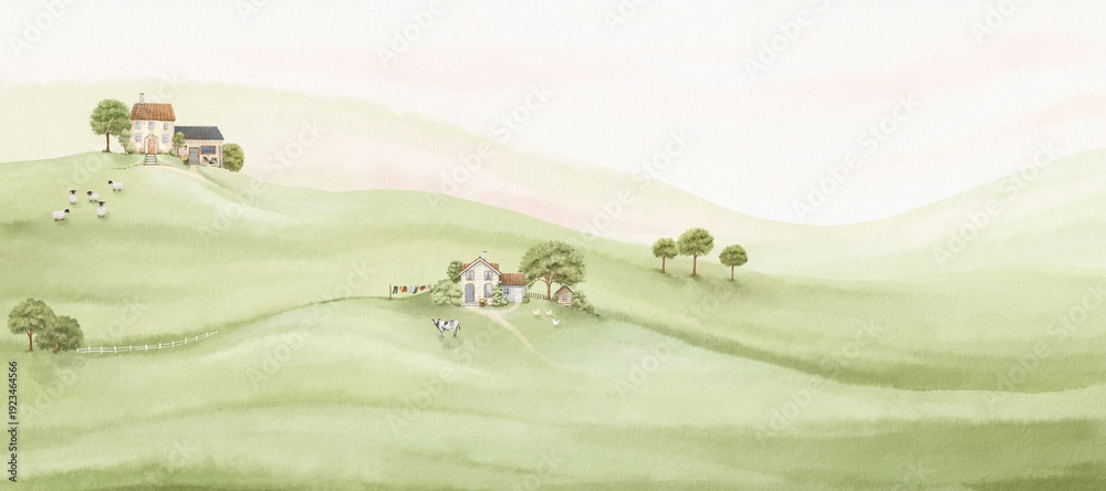 Naklejka premium Watercolor landscape with countryside, beautiful old houses, animals and trees on background green fields and hills. Hand drawn panoramic print with natural composition, ecology illustration.