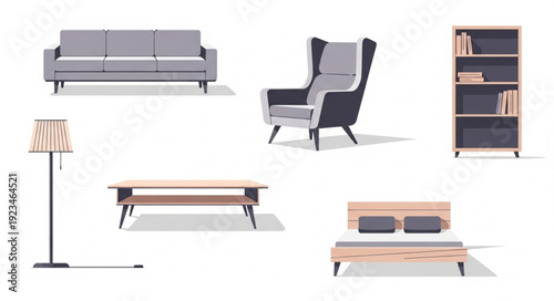 Collection of modern furniture items for home interior design.