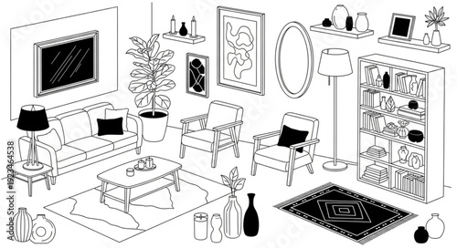 Cozy living room interior design sketch with furniture and decor.