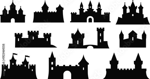 Medieval castle silhouette collection, black fortress icons set isolated on white background, fantasy architecture vector illustration bundle