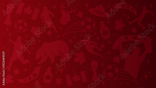 Canadian soccer tournament background. Red gradient with maple leaf, moose, and bear silhouettes. Professional sports backdrop for national football team supporters and events 2026.