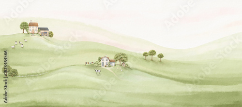 Panel kuchenny z motywem Watercolor landscape with countryside, beautiful old houses, animals and trees on background green fields and hills. Hand drawn panoramic print with natural composition, ecology illustration.