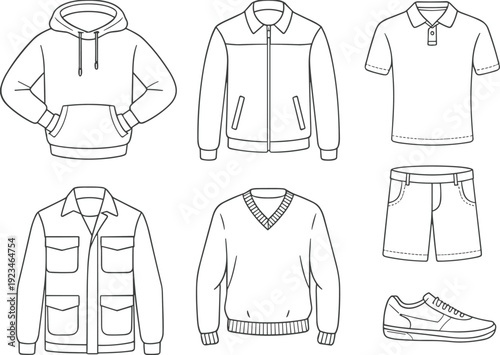 Men casual clothing collection technical flat sketch, hoodie jacket polo shirt sweater shorts sneakers vector fashion illustration set