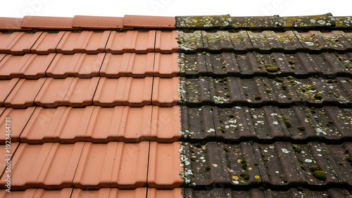 Roof Tiles Cleaned and Uncleaned Background Close Up
