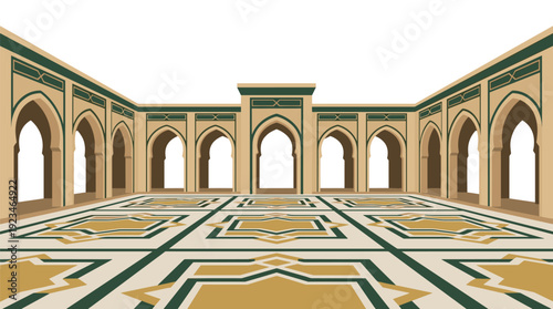 Spacious Islamic Mosque Courtyard with Geometric Floor Patterns