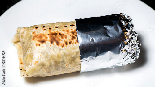 Grilled chicken and black bean burrito cut in half on white plate with fresh cilantro garnish for Mexican cuisine meal