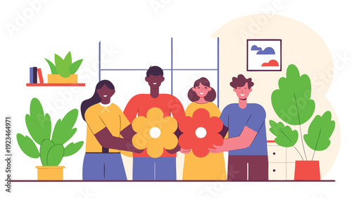 Diverse colleagues and manager holding large flowers together, symbolizing unity and appreciation in a modern office.